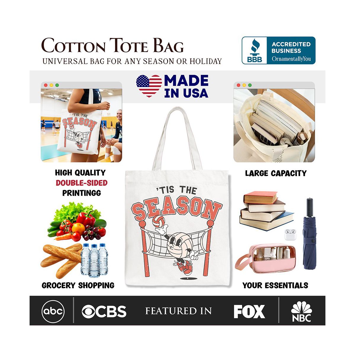 Tis the Season Volleyball Canvas Tote Bag, Retro Game Day Lightweight Sports Gift Bag | OrnamentallyYou - thumbnail 2