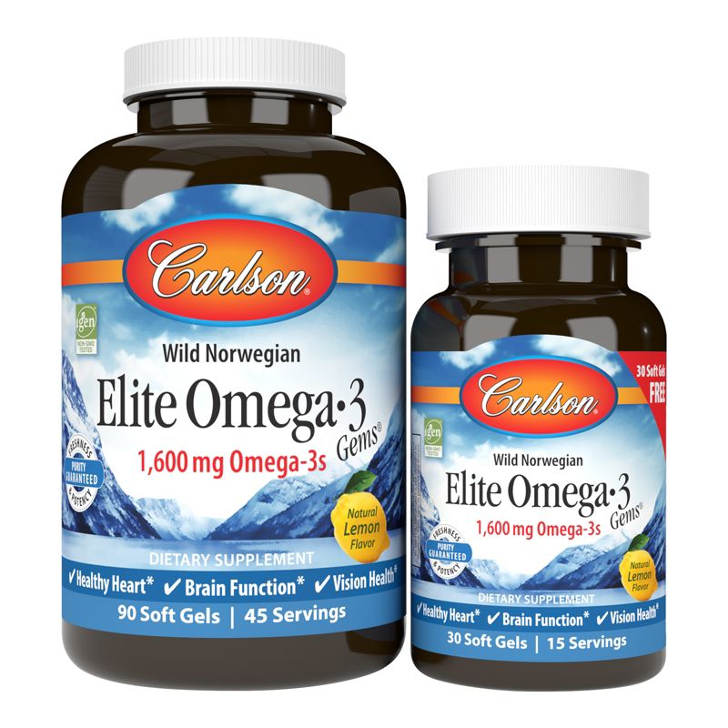 Carlson - Elite Omega-3 Gems, 1600 mg Omega-3s, Norwegian, Wild Caught, Sustainably Sourced, Lemon, 1 of 8