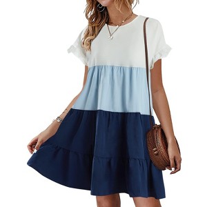 Imily Bela Womens Ruffles Boho Floral Printed Babydoll Loose Swing Casual Short Mini T-Shirt Dress - 1 of 2