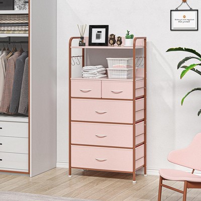 Image of Whizmax Dresser for Bedroom with 5 Drawers, Dressers & Chests of Drawers for Hallway, Entryway, Storage Organizer Unit with Fabric, Pink