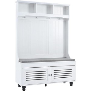 Entryway Hall Tree with Storage, Bench with Coat Rack Shoe Cabinet for Entrance Hallway, Mudroom Bench with Storage and 4 Sturdy Hooks - 1 of 4
