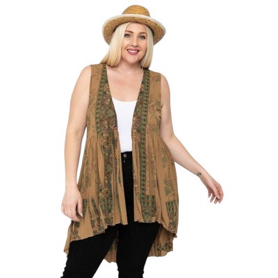 Slickblue Women's Cardigan, Sleeveless & Pleated Hemline, Long Fit Layer, Tan Leopard/Floral/Feather, 1XL-3XL