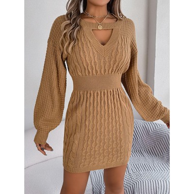 Womens Sweater Dress Cable Knit Lantern Long Sleeve Bodycon Sweater Dress