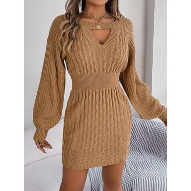 Womens Sweater Dress Cable Knit Lantern Long Sleeve Bodycon Sweater Dress  Khaki L : Target