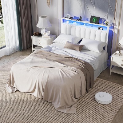 Furnulem White Full Size Bed Frame with Charging Station Led Lights, Pu Leather Upholstered Headboard W/ 2-Tier Storage Shelves No Box Spring Needed