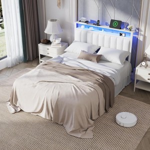 Furnulem White Full Size Bed Frame with Charging Station Led Lights, Pu Leather Upholstered Headboard W/ 2-Tier Storage Shelves No Box Spring Needed - 1 of 4