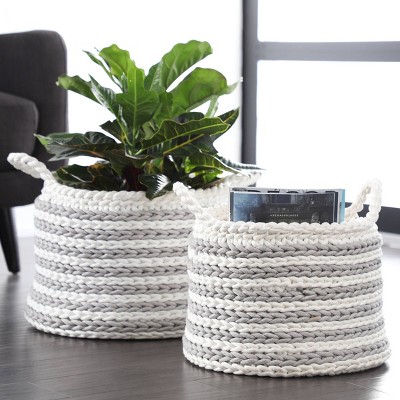 Striped Storage Basket with Cotton Rope 12.5" x 19" White/Gray - Olivia & May