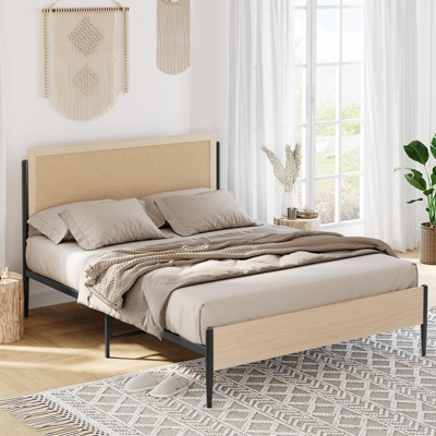 Full Bed Frame with Rattan Headboard, Platform Bed with Strong Metal Slat Support
