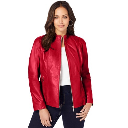 Jessica London Women's Plus Size Zip Front Leather Jacket, 18 W - Classic  Red