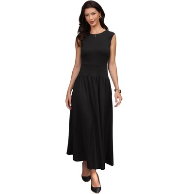 INSPIRE CHIC Women's Crew Collar High Waist Sleeveless Side Pockets Casual Work A-Line Maxi Dresses