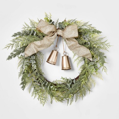 20in Unlit Cedar Eucalyptus with Gold Bells & Champagne Ribbon Bow Wreath - Wondershop™
