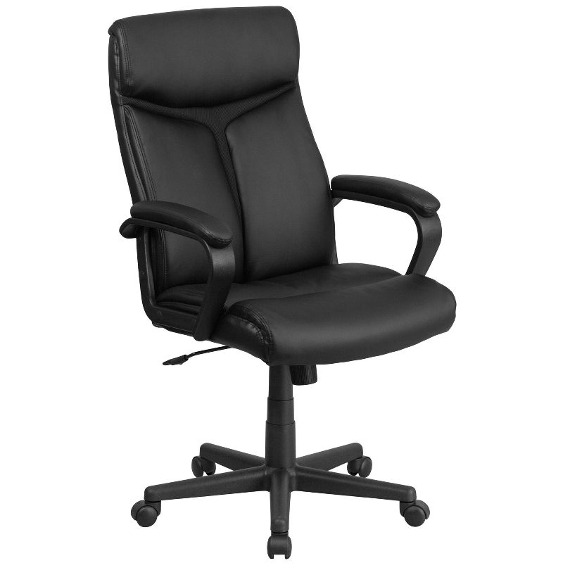 High Back Leather Executive Swivel Office Chair with Slight Mesh Accent and Arms Black - Riverstone Furniture, 1 of 6