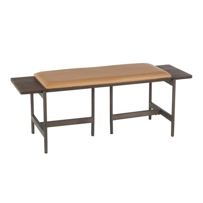 Lumisource Chloe Contemporary Bench in Antique Metal and Camel Faux Leather with Espresso Wood Accents