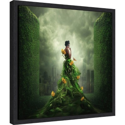 Green and Yellow Floral Canvas Wall Art Print with Black Frame