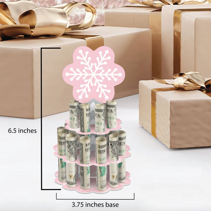 Big Dot of Happiness Pink Winter Wonderland - DIY Holiday Snowflake Birthday Party and Baby Shower Money Holder Gift - Cash Cake, 5 of 8