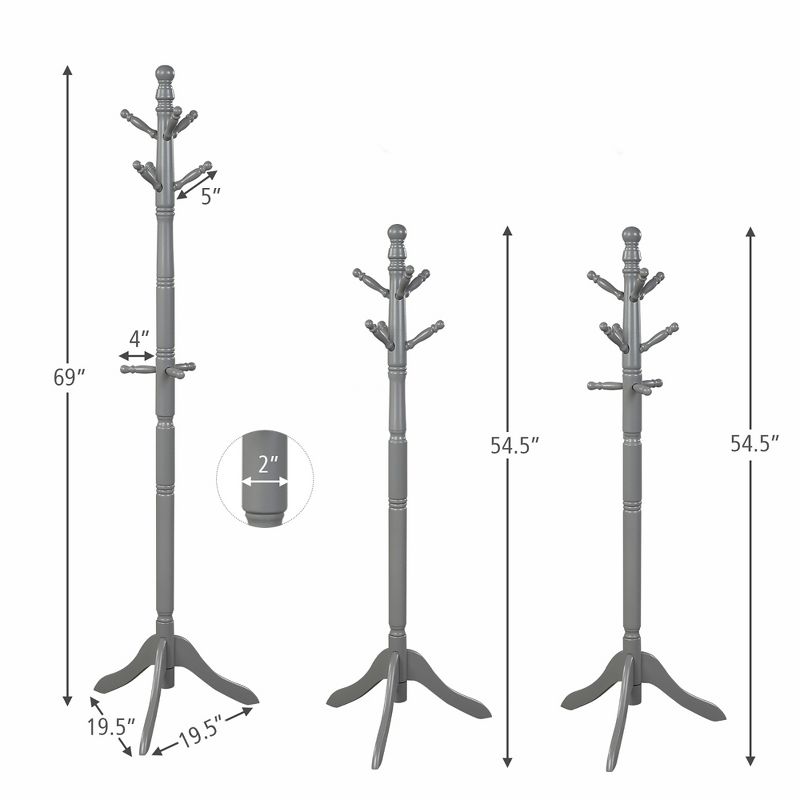 Costway Coat Rack Wooden Hall Tree 2 Adjustable Height w/ 9 Hooks Walnut\Black\ Grey, 3 of 11