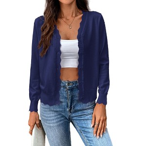 Women's V - Neck Ruffled Long - Sleeve Knit Cardigan, Solid Ice Silk Open - Front Outerwear - 1 of 4