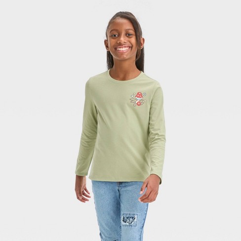 Girls' Long Sleeve 'mushroom' Graphic T-shirt - Cat & Olive Green Target