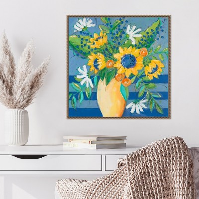 Floral Bursts Among the Blue Canvas Print with Bronze Frame