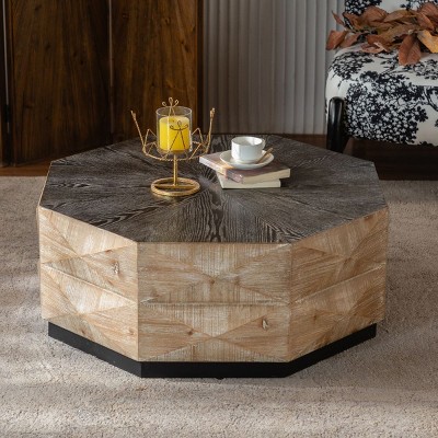 36" Octagon Wood Coffee Table with Embossed Pattern,Retro Geometric Center Table for Living Room or Office–The Pop Home