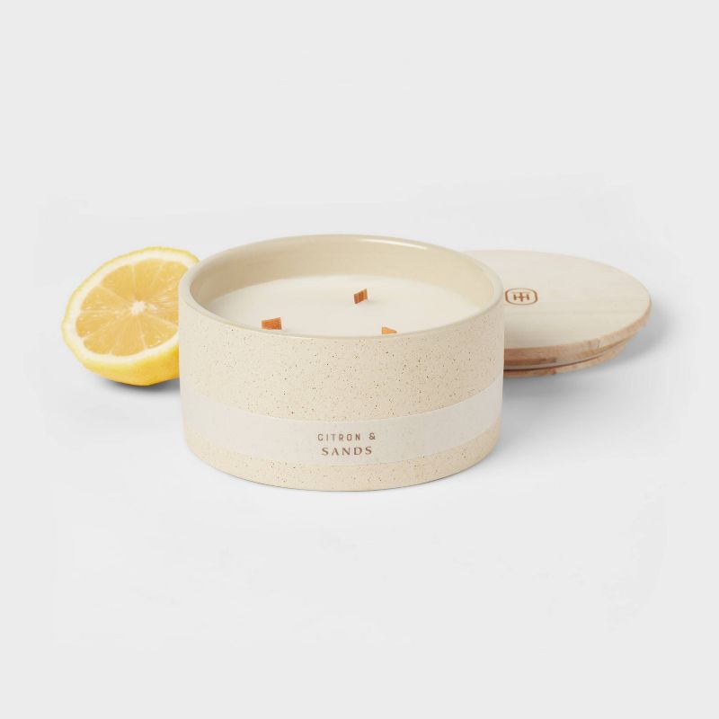 3-Wick 14oz Matte Textured Ceramic Wooden Wick Candle Ivory/Citron and Sands - Threshold&#8482;, 4 of 5