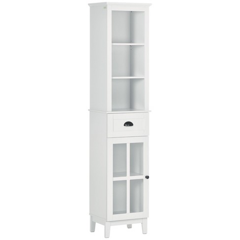 kleankin Slim Bathroom Storage Cabinet, Floor Standing Bathroom Organizer,  Linen Tower with Open Shelves and Glass Door, White