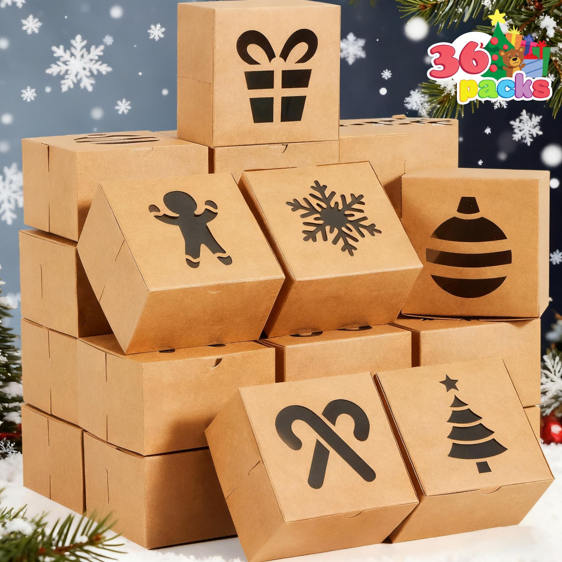Joyfy 36 Pcs Christmas Cookie Boxes, 4"x4" Brown Bakery Gift Boxes with Window, Christmas Party Favor for Cupcakes Pastries Donuts Holiday Treats