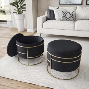 Techni Home Elegant Velvet Round Ottoman with Gold Frame and Storage, Black - 1 of 4