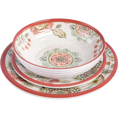 Brick Red Floral Melamine Dinnerware Set, Service for 4