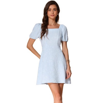 INSPIRE CHIC Women's Jacquard Floral Square Neck A-Line Summer Puff Sleeve Dress
