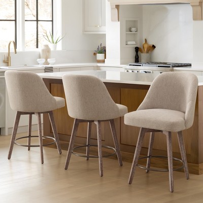 Bekrvio Counter Height Bar Stools, 26" Mid-Century Swivel Barstools with Backs - Linen Upholstered Wood Legs, Kitchen Island Counter Chairs