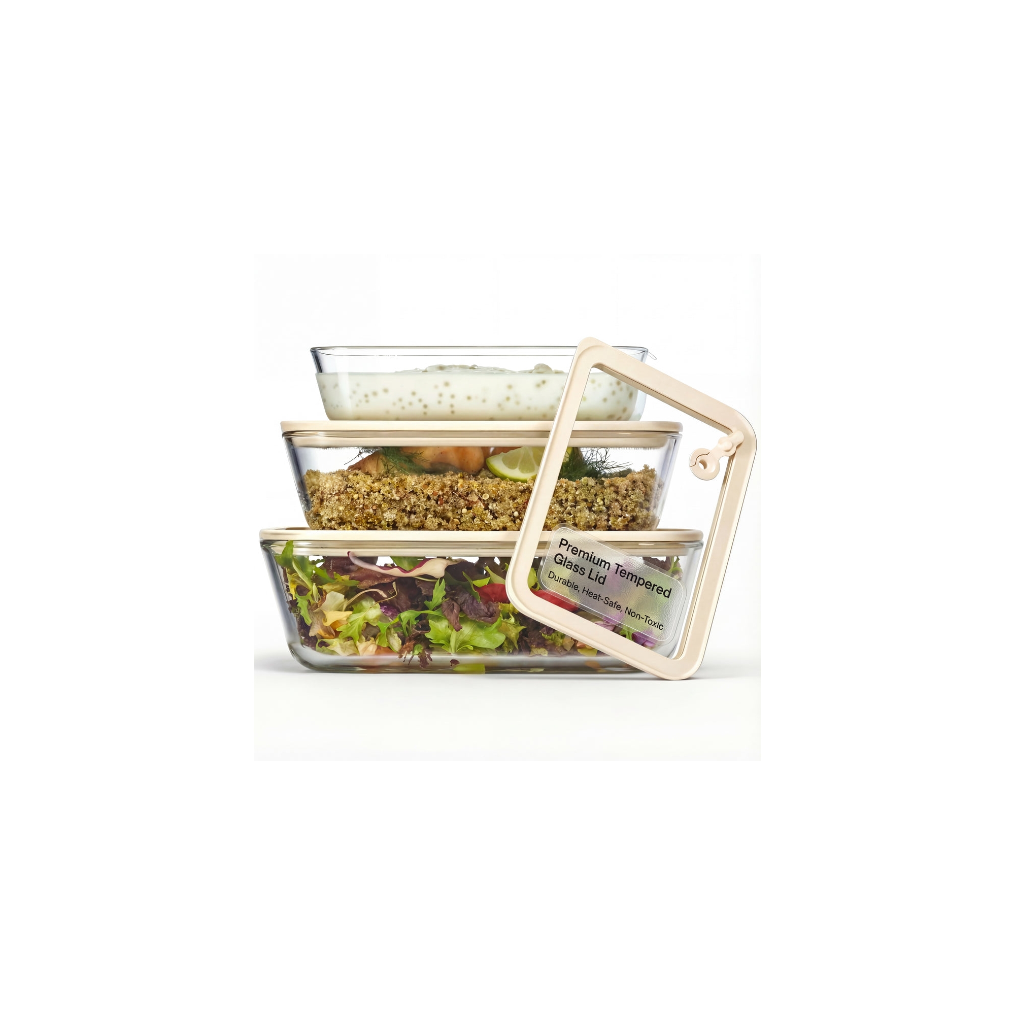 Kook Glass Storage Container Set, with Lids, Rectangular, Clear/Sand, Set of 3, (23.6/50.3/80 oz)