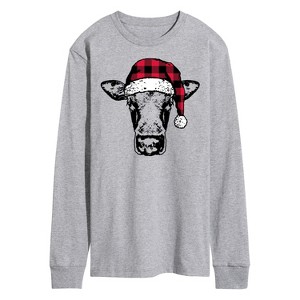 Men's - Instant Message - Cow Plaid Santa Hat Long Sleeve Graphic T-Shirt - 1 of 4