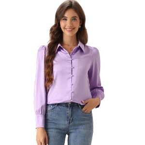 INSPIRE CHIC Women's Puff Long Sleeve Point Collar Vintage Button Work Satin Shirt - 1 of 4