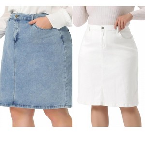 Agnes Orinda Women's Plus Size Classic Slash Pocket Elastic Waist Pencil Back Vent Denim Skirts - 1 of 4