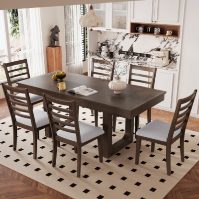 Modern 7-Piece Rubber Wood Extendable Dining Table Set with Upholstered Chairs, Expandable Kitchen Table for Dining Room-Maison Boucle