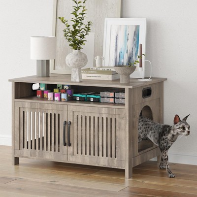 FURNIinspire Pet Crates and Houses Modern Hidden Cat Litter Box Cabinet Enclosure Furniture with Storable Top for Home, Gray, 31.5"*19.8"*19.7"