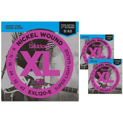 D'Addario EXL120-E Bonus Pack: Super Light Electric Guitar Strings 3 Pack with 3 Bonus High E Strings (9-42)