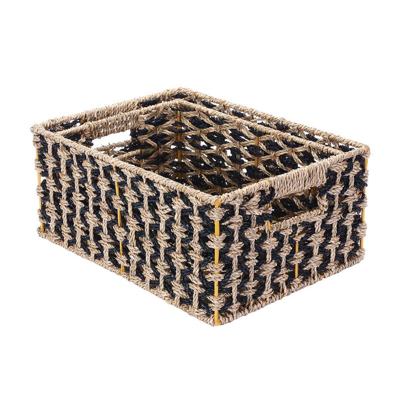 Villacera Rectangle Hand Weaved Wicker Baskets made of Water Hyacinth - Set of 2 Nesting Black and Natural Seagrass Bins, 2 of 9