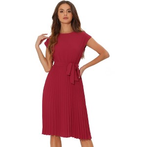 Allegra K Women's Pleated Crew Neck Cap Sleeve Tie Waist A-Line Dresses - 1 of 4