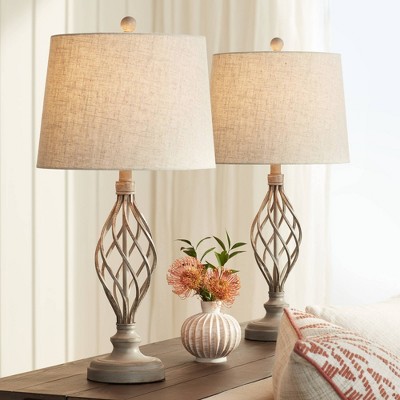 Annie 28" Weathered Sand Iron Table Lamps with Cream Shades, Set of 2