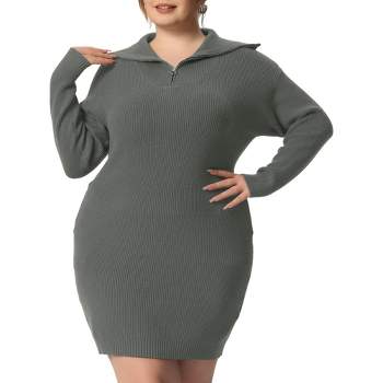 Agnes Orinda Women's Plus Size Knit Long Sleeve Zipper Collar Pullover Mini Sweater Dresses