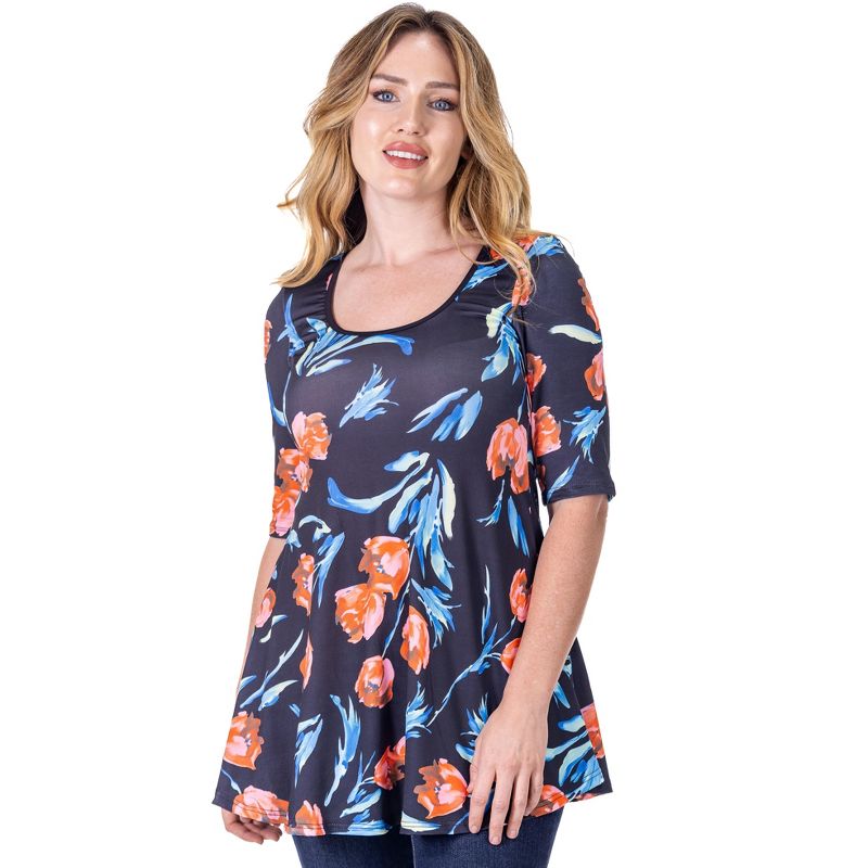 24seven Comfort Apparel Womens Black Tulip Print Elbow Sleeve Casual Tunic Top, 1 of 8