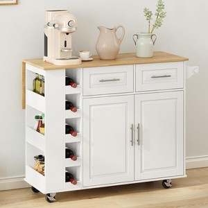 Acekool White Kitchen Island Cart with Wine Rack & Foldable Top – 2-Door Cabinet, 2 Drawers & Spice Storage - 1 of 4