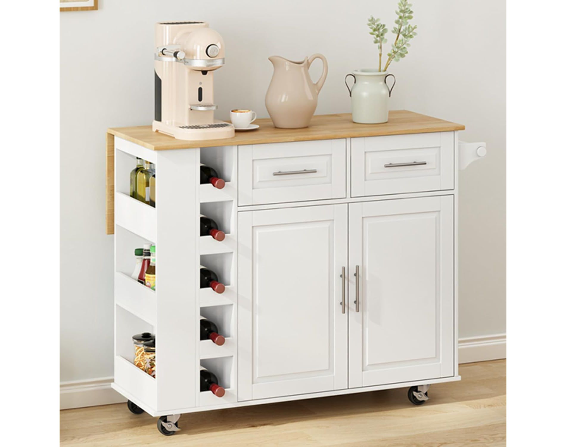 Acekool White Kitchen Island Cart with Wine Rack & Foldable Top – 2-Door Cabinet, 2 Drawers & Spice Storage