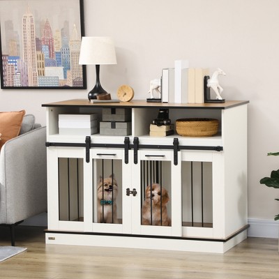 White Dual-Door Dog Crate Table with Shelves