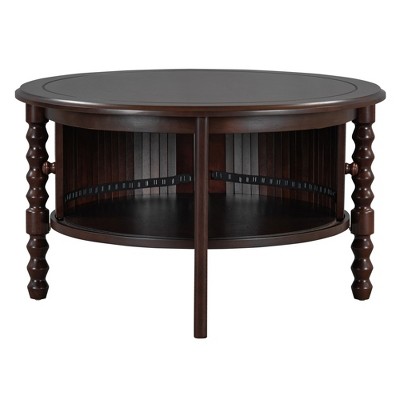 Lirago 30" Vintage Round Coffee Table Mid Century Modern Style Walnut Espresso Finish with Sliding Door Storage Slatted Design Accent Table