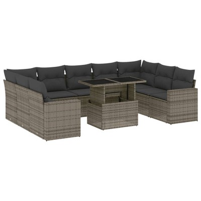 vidaXL 10 Piece Patio Sofa Set with Cushions - Gray Poly Rattan