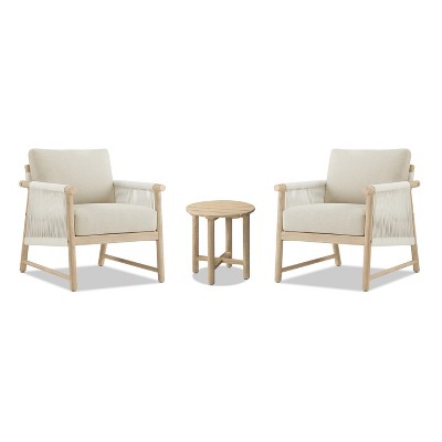 JTH Outdoor Grenada 3-Piece Acacia Lounge Chair & Table Patio Conversation Set, Sandy White All-Weather Olefin