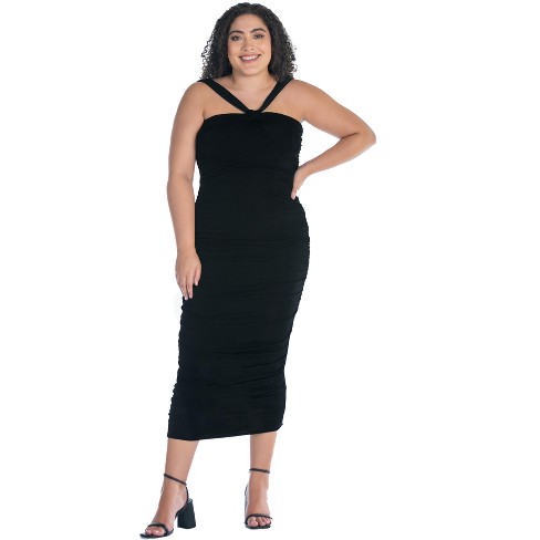 Womens Plus Size Halter Cross Neck Ruched Bodycon Mid Dress-P0066308-Black